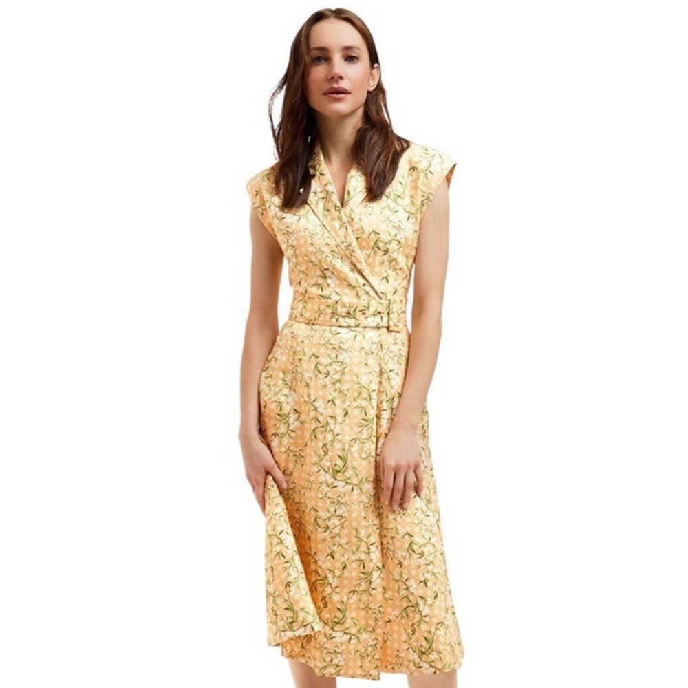 Draper James Womens Dress Addison 12‎ Yellow Floral Linen Midi